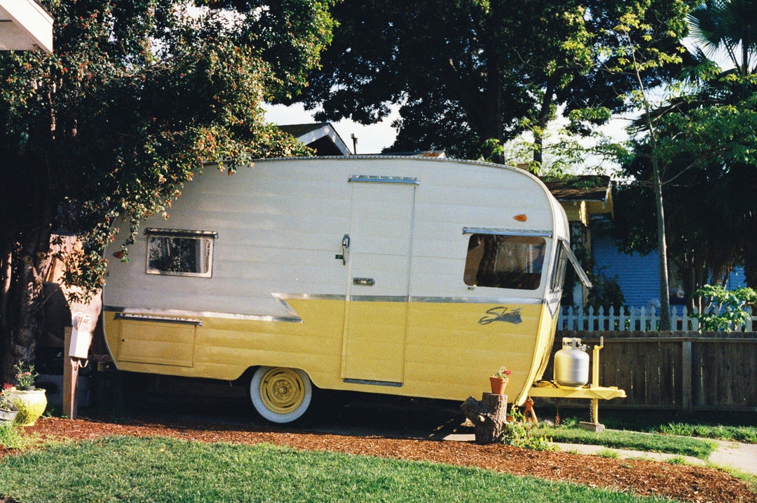 rv camper in backyard